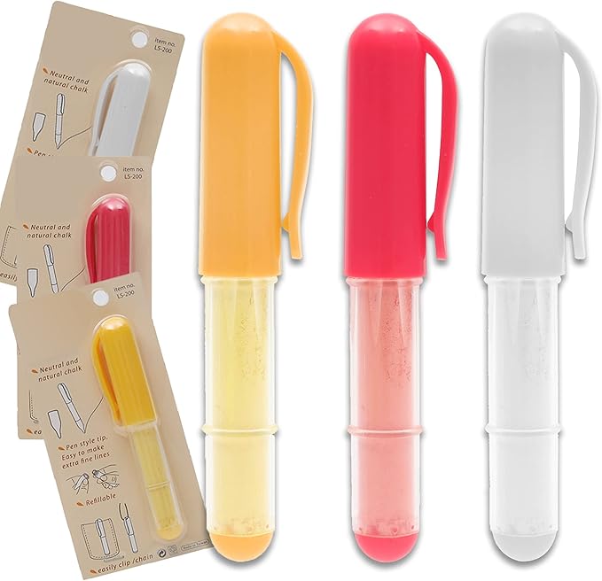 (3-pack) Fabric Chalk Markers -Erase Tailor’s Chalk for Quilting and Sewing - Compatible with Most Fabrics - With Dosing Wheel Technology, Red, Yellow, White