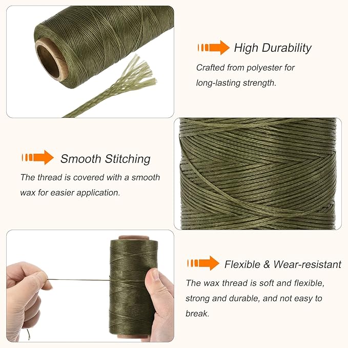 MECCANIXITY Waxed Thread,284 Yard 0.8mm 150D Flat Wax Thread Polyester Waxed String for Leather Sewing Hand Weaving Book Binding Home Decoration,Dark Green
