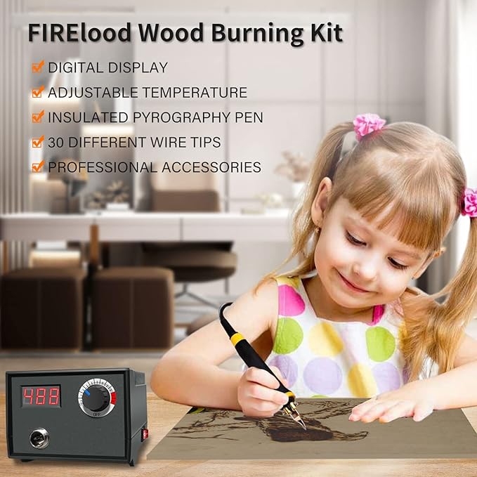 FIRElood Wood Burning Tool,Wood Burning kit Pen 25~750℃,Professional Wood Burning kit,with Digital Thermometer Temperature Adjustable Temperature,1 Wood Burning pens, 30 Wood Burning Pen Tips