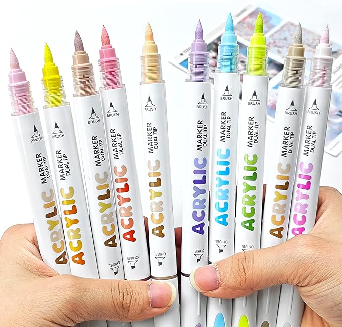 kander 12 Colors Dual Tip Acrylic Paint Markers, Green Color — Extra Fine & Soft Brush Pen Set with Direct Ink Flow for Sketching, Detailing, Coloring on Wood, Canvas, Rock, Glass, DIY Crafts