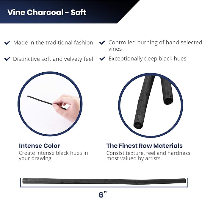 Pacific Arc Artist Vine Charcoal, Soft, Black 12 Pieces, Artist Vine Charcoal Sticks, Extra Soft and Smooth Drawing Charcoal