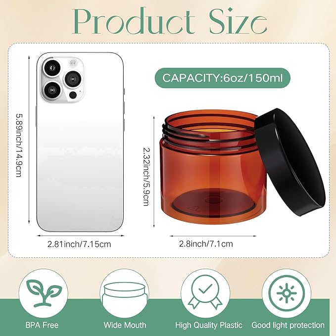 SATINIOR 12 Pack 6 oz Plastic Container Jars with Lids Round Clear Travel Cosmetic Container Slime Jars for Toiletries, Lotion, Cream, Ointments, Makeup, Rhinestone, Samples, Kitchen Storage(Amber)