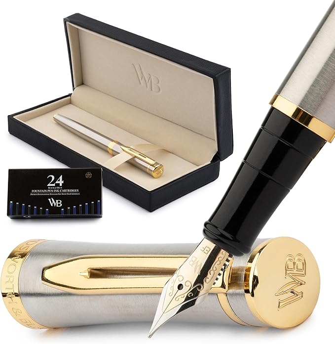 Wordsworth & Black Fountain Pen Set, 18K Gilded Extra Fine Nib, Includes 24 Pack Ink Cartridges, Ink Refill Converter & Gift Box, Gold Finish, Calligraphy, [Silver Gold], Perfect for Men & Women