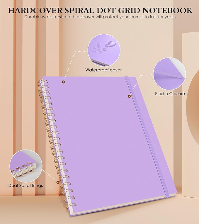 Dotted Notebook, Spiral Notebook Journal 8.5” x 11”, A4 Large Dot Grid Notebooks for Women Men, 100 GSM Dotted Paper, Plastic Hardcover Spiral Bullet Journals for Work School Sketching, Purple