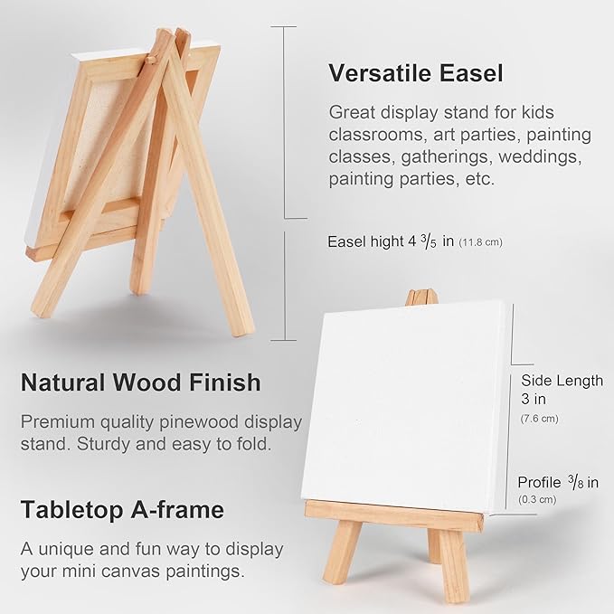 AUREUO Mini Canvas and Easel Set - 3x3 Inch/ 12 Pack - 2/5 Inch Profile Small Square Canvas with Display Stand - Art Gift Set Bulk Pack Canvases for Acrylic Painting & Craft