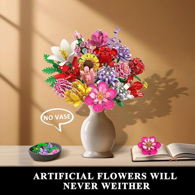 Flower Bouquet Building Set, 1464 PCS Botanical Collection Building Block Toy, 18 Flowers Rose Sunflower Home Plant Decor, Birthday Gifts for Adults Women Boys Girls 8-12+