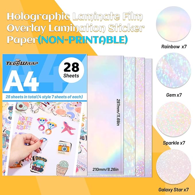TECKWRAP Holographic Laminate Sheets for Stickers Self Adhesive Vinyl Laminating Sheets Holographic Sticker Paper Clear Vinyl for Inkjet Printer 8.26" x 11.69" A4 28 Sheets (Rainbow,Gem,Star, Sparkle)