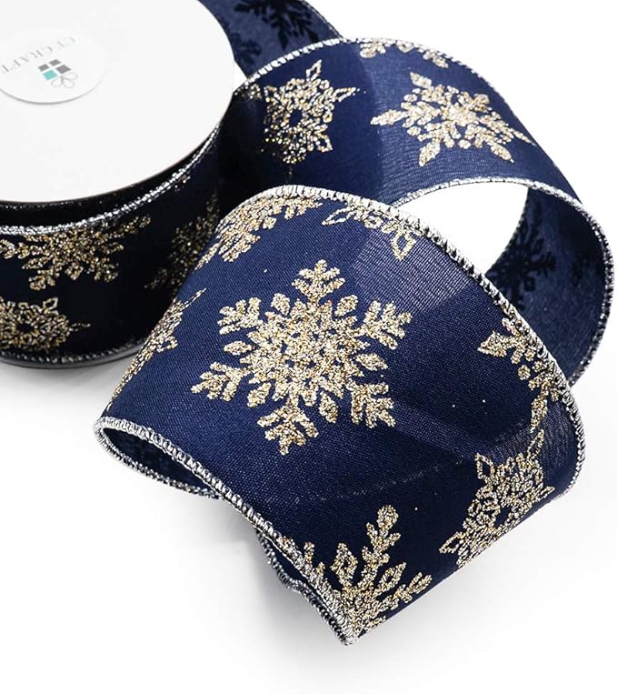 CT CRAFT LLC Navy Satin Gold Snowflake Wired Ribbon 2.5 Inch x 10 Yards for Christmas Home Decor Tree Topper Bow Gift Wrapping DIY Crafts Wreath Garland