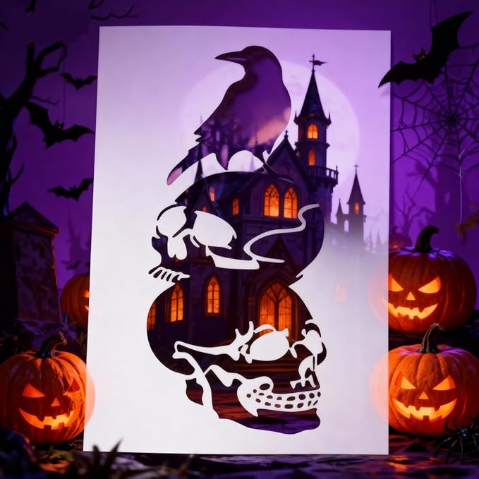 TIAMECH A4 Reusable Halloween Crow Skull Stencil for Painting - Horror Ghost Atmosphere Layering Template, DIY Wall Art, Wood Furniture, Scrapbook & Crafts (8.3x11.7inch)