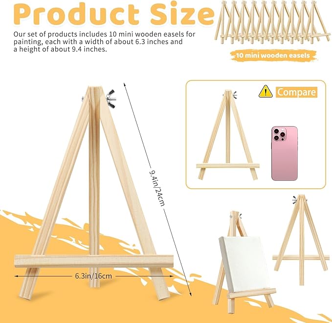 TKOnline 10PCS 9 Inch Wood Easels, Easel Stand for Painting, Art Craft Painting Party Easel, Tabletop Easels, Tripod, Canvas Photo Picture Sign Holder