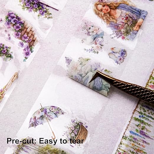 Wisteria Garden PET Tape Set, 3 Rolls of Pre-Cut Floral Vine Stickers for Scrapbooking, Journaling, DIY Crafts, and Collage Decoration (30mm/50mm/55mm)