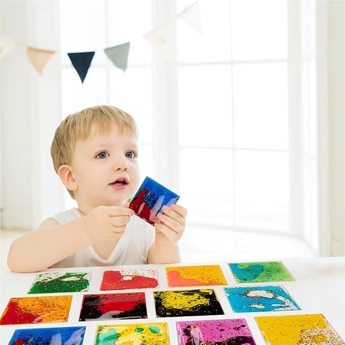 Art3d 6”x6” Square Sensory Fidget Liquid Motion Tiles for Kids, Toddler, Teens - Interactive Soft Gel Liquid Play Mats for Home, Schools, Playrooms, Multi-Pack of 3 Tiles