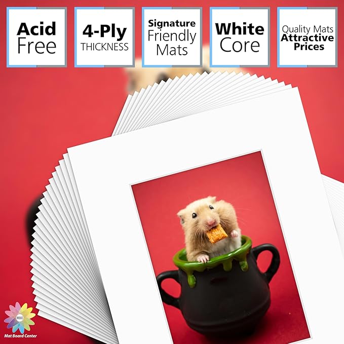 Mat Board Center, Pack of 50, 8x10 for 5x7 White Mats - Acid Free, 4-ply Thickness, White Core - for Pictures, Photos, Framing