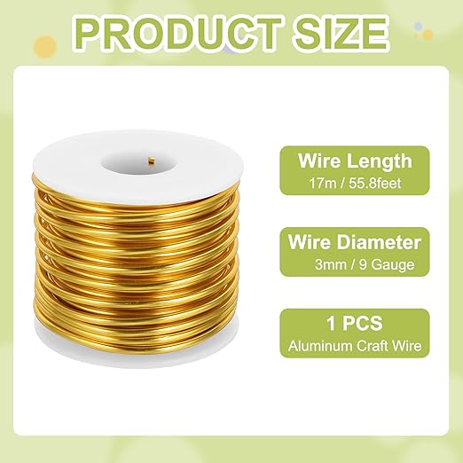 MECCANIXITY 9 Gauge Anodized Aluminum Craft Wire Bendable Bonsai Training Wire 56 Feet 3mm for Sculpting Crafts Wreath Floral Beading Jewelry Making, Gold Tone