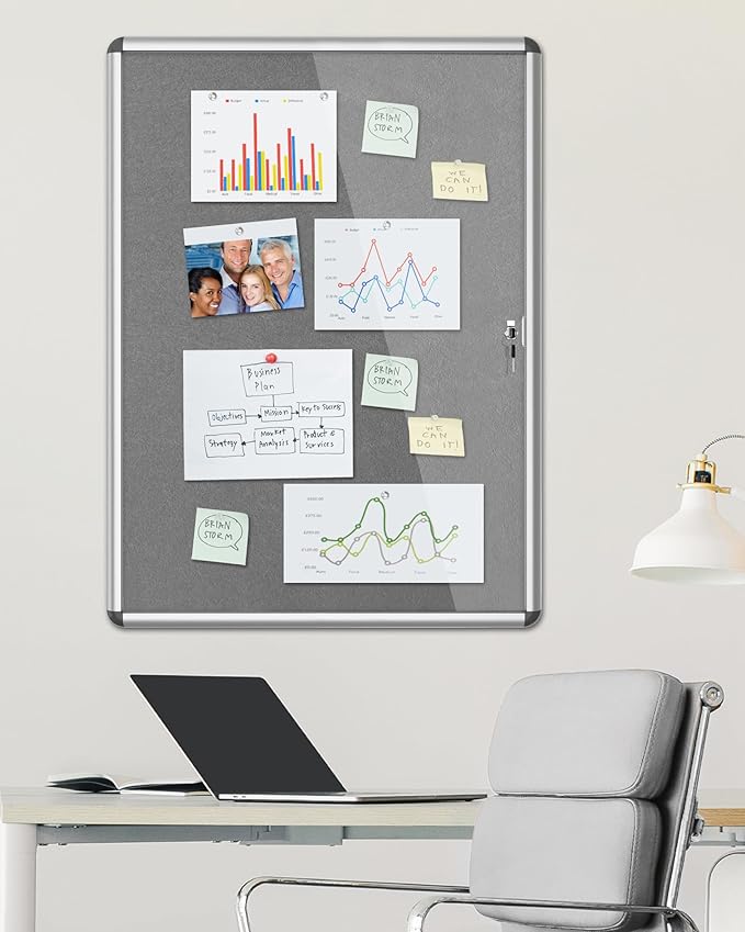38"x28" Enclosed Bulletin Board, Lockable Weather-Resistant Aluminum Cork Noticeboard for School & Office, Silver Frame w/Grey Flet
