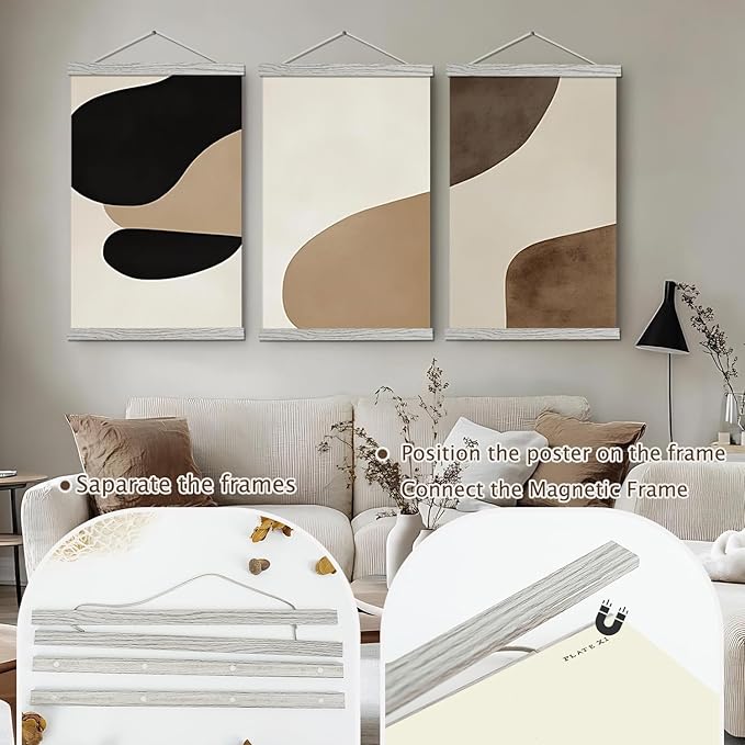 Artmag Magnetic Poster Hanger Frame, 40x27 40x30 40x60 Light Wood Wooden Magnet Canvas Artwork Print Poster Hangers Frames Hanging Kit (Grey, 40")