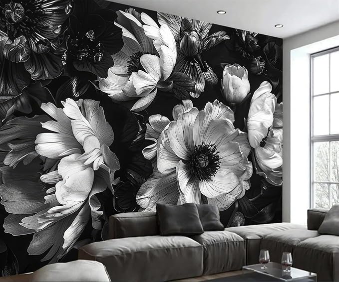 AFZEVEB-Black Peony Floral Wallpaper Vintage Large Flower Wall murals for Bedroom 136"x96"(Not Peel and Stick)