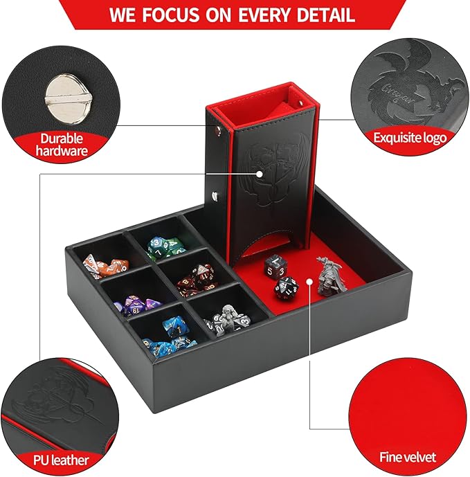 DND Dice Tray and Tower: Portable Dice Storage with Lid for Dungeons and Dragons, D&D, RPG, MTG & Table Games (Red)
