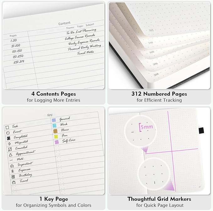5 Pack Bullet Dotted Journal Notebook, 312 Numbered Pages Dot Grid Notebooks Bulk, 100gsm No Bleed Paper Hardcover Leather Journal, Dot Journal Notebook Set for Women Men School Office, A5, Multicolor