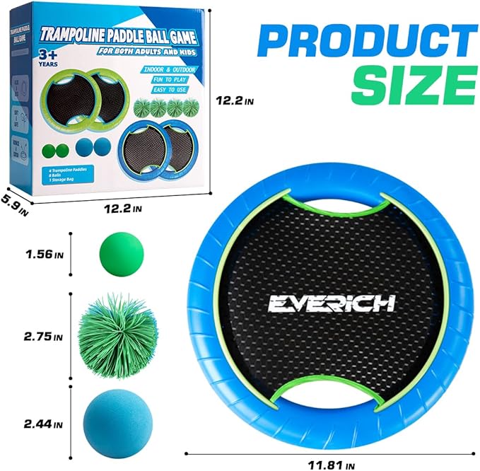 EVERICH TOY Trampoline Paddle Ball Set with 4 Bouncy Paddles & 8 Balls - Soft Foam Design for Kids Play Indoor Outdoor Beach Backyard Lawn - Great Gift Idea for Boys & Girls