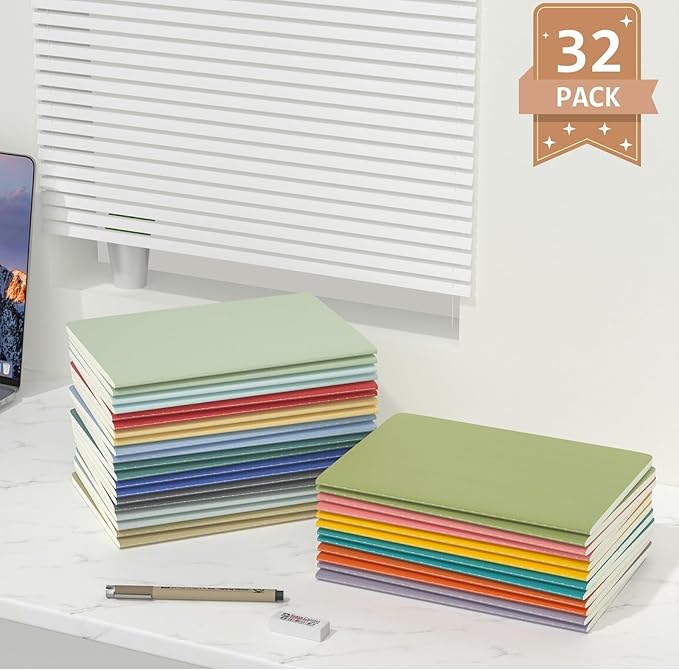 Journaling Notebooks A5 College Ruled Notebook 32 Pack Lined Small Kraft Notebooks Bulk 8.3x5.5 Inches, 16 Colors Composition Notebooks Writing Journal School Supplies for School Work and Travel