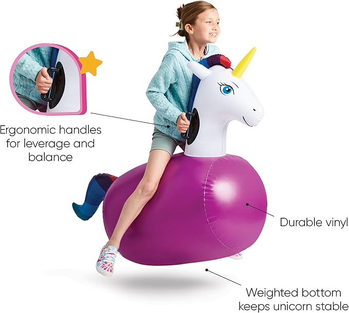 Hearthsong Hop N Go Inflatable Unicorn Riding Bouncy Hopping Toys for Kids Ages 5+ - Ride On Bouncer Animal Hopper Jumping Toys for Outdoor Games