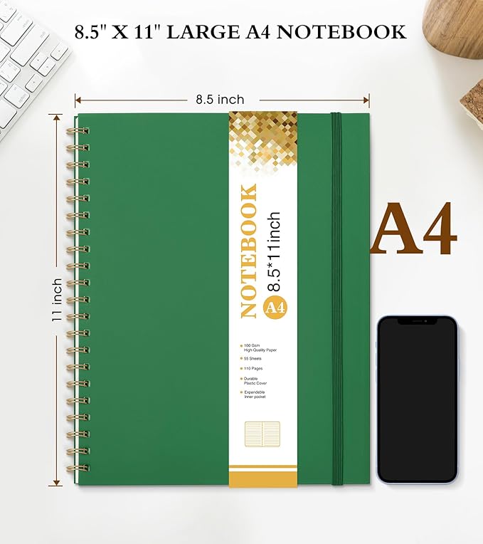 Spiral Notebook Journal 8.5” x 11”, A4 Large Notebooks for Women Men, College Ruled Lined Journal, 100 GSM Paper, Hardcover Spiral Bound Journals for Work School Writing Note Taking Business, Green