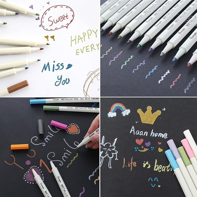 YUANCHENG Metallic Marker Pens, Set of 12 Colors Fine Point Metallic Marker Pens for Black Paper, Rock Painting, Easter Egg, Halloween Pumpkin, Card Making, Ceramics, DIY Photo Album