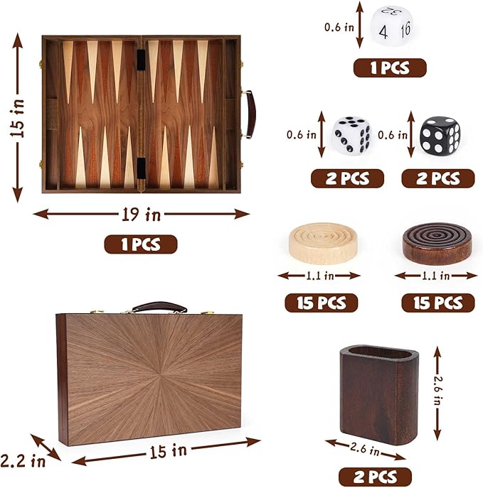 Wooden Backgammon Board Game Set (15 Inches) for Adults and Kids - Classic Board Strategy Game - Portable and Travel Set Family Game Night Vintage Backgammon Strategy Game