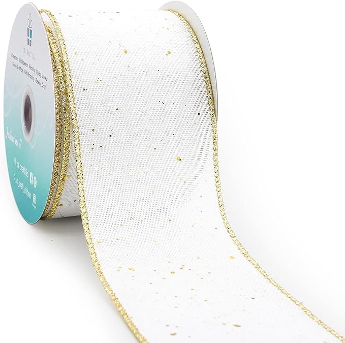 CT CRAFT LLC Whtie Burlap Fabric Confetti Glitter Wired Ribbon 2.5" x 10 Yards White Color for Christmas Home Wedding Decor Gift Wrapping Tree Topper Bow Wreath Bouquet DIY Crafts