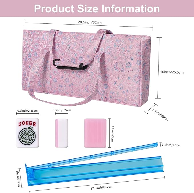 American Mahjong Game Set, 166 Pink Tiles, Pink Bag and Entire Accessories, 4 All-in-One Rack/Pushers, Mahjong Tiles Set