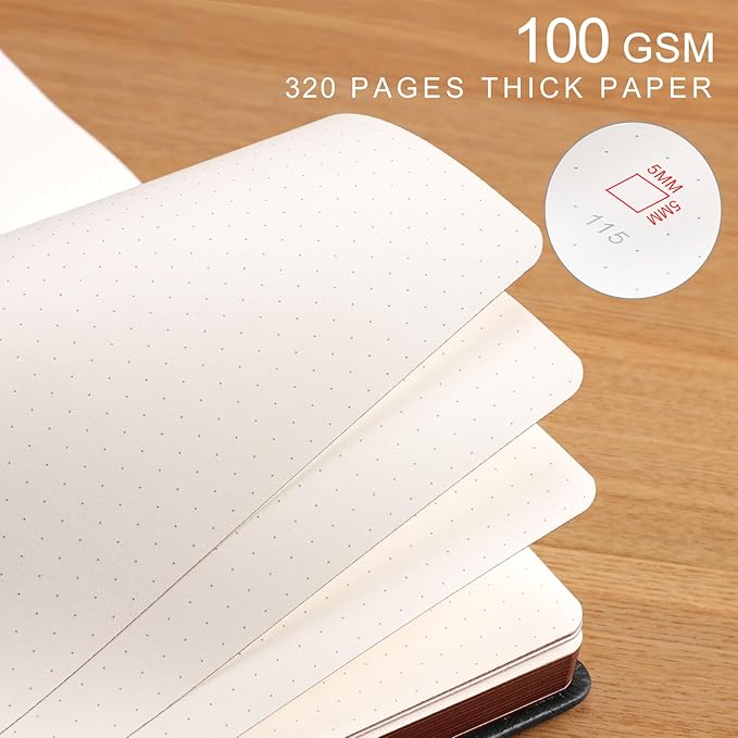 AHGXG Thick Journal Dotted Notebook for Men - 320 Numbered Pages A5 Notebook for Writing, 100gsm Dot Paper, Vintage Leather Hardcover, for Women Work Office School, 5.75'' X 8.38''- Black