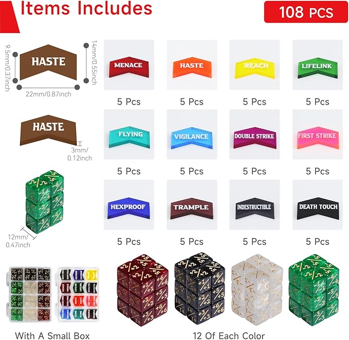 SIXPOINTS 108PCS 12mm MTG +1/+1 Tokens 6 Sided Dice & Keyword Counters Tokens Set for Magic The Gathering, MTG, TCG, Card Games Accessories