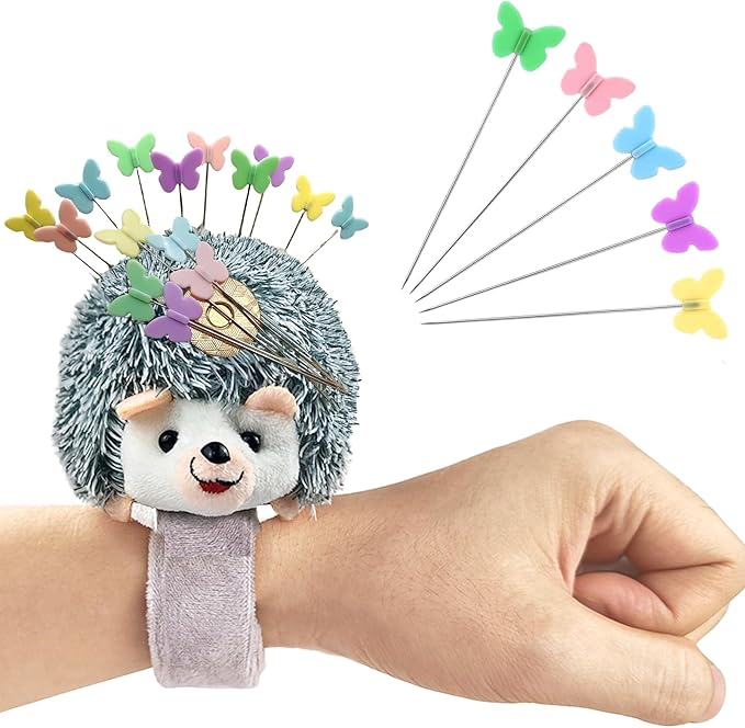 Cute Hedgehog Wrist Pin Cushion for Sewing with Magnetic, Snap Bracelet Wrist Bands for Pins and Needles Include 50 Lovely Butterfly Straight Pins.