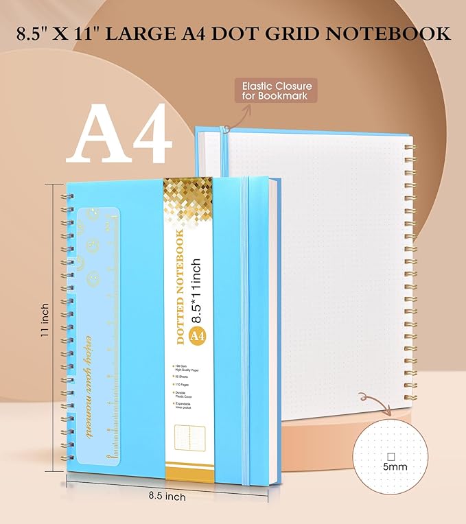 Dotted Notebook, Spiral Notebook Journal 8.5” x 11”, A4 Large Dot Grid Notebooks for Women Men, 100 GSM Dotted Paper, Plastic Hardcover Spiral Bullet Journals for Work School Sketching, Blue