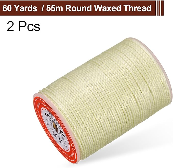 uxcell Round Leather Sewing Waxed Thread, 55m / 60 Yards Polyester Wax String, 0.80mm Wax Stitching Cord for Leather Crafts, Bookbinding, Bracelets Braided, Beige, 2pcs