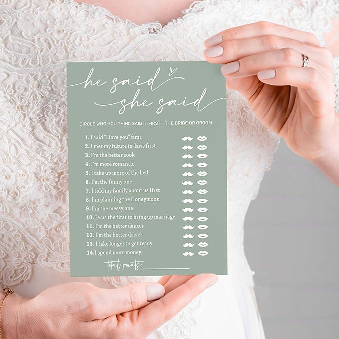 Minimalist Green Wedding Party Supplies: 25 Guest Bridal Shower Games - Engagement Party Cards