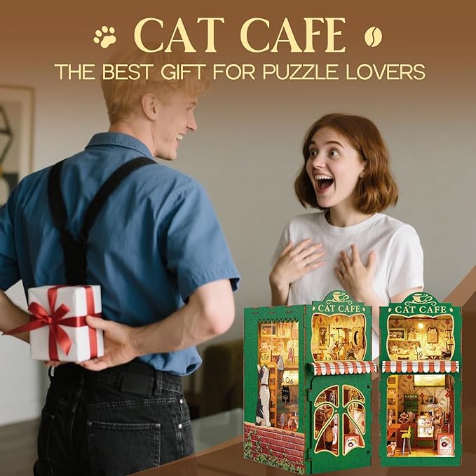 Book Nook Kit,DIY Miniature House Kit for Adults, Teens and Beginners, Dollhouse Booknook Cat Cafe Tiny House Bookshelf Decor 3D Wooden Puzzle, Gifts for Family, Friends