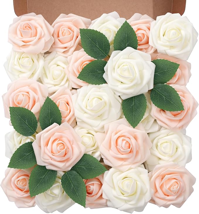 Artificial Flowers Foam Fake Roses 25pcs Mix Colors Roses with Stems for Home Decor DIY Wedding Bouquets Party Bridal Shower Centerpieces Faux Flower Arrangements Tables Decorations