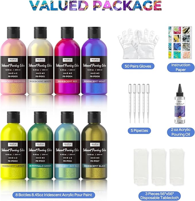 Nicpro 8 Colors Iridescent Metallic Acrylic Pour Paint Supplies Kit, 8.45oz Large Ready to Pour Premixed High Flow Pouring Paint Set with Silicone Pouring Oil, Gloves, Instructions for Beginner DIY