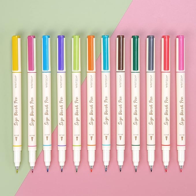 WRITECH Brush Tip Marker Pens: Artist Markers Flexible Tip Water Based 12ct Assorted Colors for Journaling Adult Coloring Hand Lettering Calligraphy Drawing Vibrant Colored