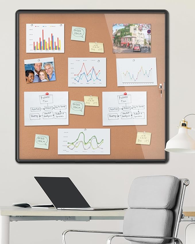 38"x38" Enclosed Bulletin Board, Lockable Weather-Resistant Aluminum Cork Noticeboard for School & Office Hospital, Black Frame w/Cork