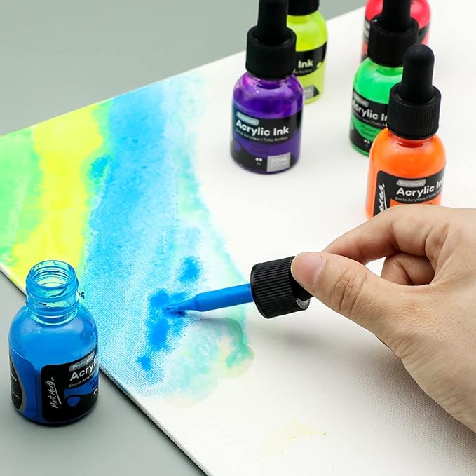 Mont Marte Acrylic Ink Premium 6pc x 20ml (0.7 US fl.oz), Acrylic Inks for Artists, Fluoro Colors, Ideal for Air Brush, Pouring Art, Scrapbooking, Ink Drawing, Mixed Media