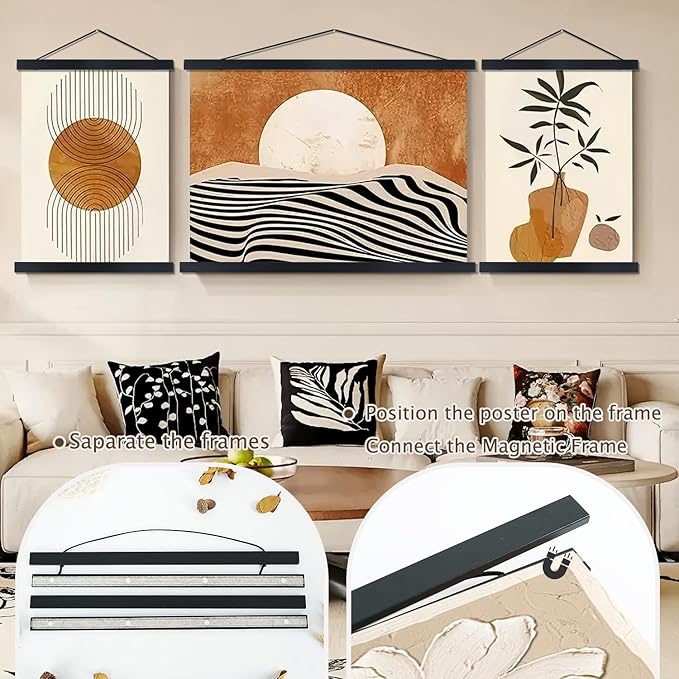 Artmag Magnetic Poster Hanger Frame, 47x36 47x30 47x60 Light Wood Wooden Magnet Canvas Artwork Print Dowel Poster Hangers Frames Hanging Kit (Black, 47")