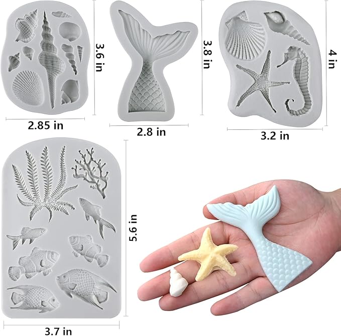 Sakolla 4 Pcs Marine Theme Silicone Fondant Molds, Mermaid Tail Seashell Conch Starfish Shape Silicone Molds for Cake Decoration, Chocolate, clay, Crafting