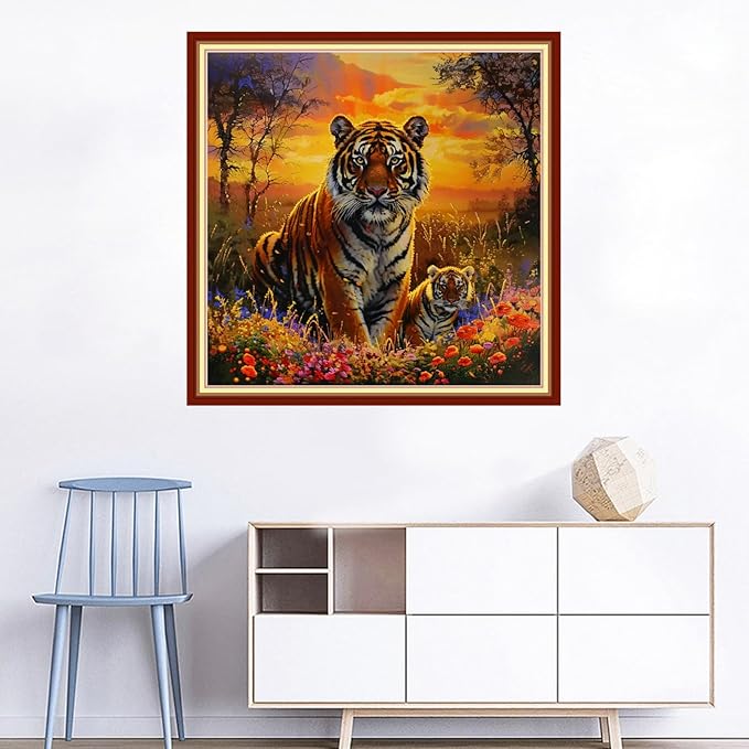 Joyhoor Cross Stitch Kits for Beginners Stamped Cross-Stitch Supplies Needlework preprint Embroidery Kits for Adults DIY Needlepoint Kits Embroidery Patterns 11CT-Tiger Scenery 18x18 inchs