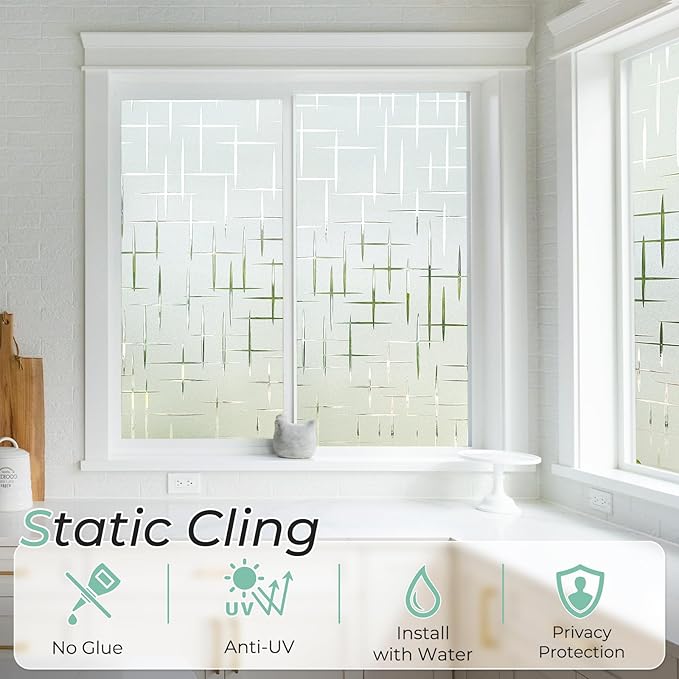DOWELL Window Privacy Film Frosted Glass Window Film, Sun Blocking Non-Adhesive Glass Cling, Decorative Door Sticker, Self Static-Cling Tint Covering for Home Office, Cross Pattern 35.4" x 157.5"