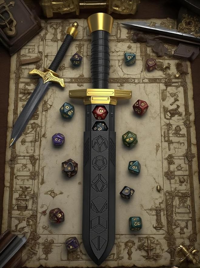 Dagger Dice Holder Box Dice Tower Dungeons and Dragons RPG Tabletop Roleplaying Game Jail DND (Random 7PCS D20 Dice Set Included) Black&Black&Gold