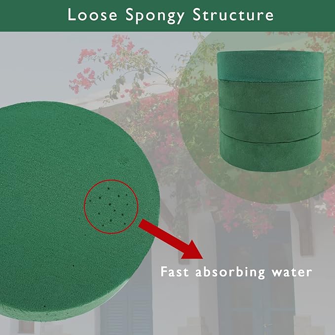 Prashent 4 Pcs Round Floral Foam Blocks,Green Wet Dry Flower Foam Plant Foam for Fresh & Artificial Flower Arrangements DIY Craft 6.3" X 1.6"