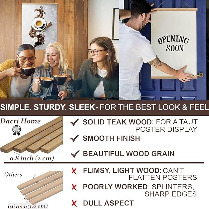 36" Sturdy Magnetic Poster Hanger,Sleek Poster Frame of Teak Wood with Strong Magnets for Safely Hanging Maps Pictures Canvas Scrolls Print Wall Art, Dacri Home (36 Inch, Natural Wood)